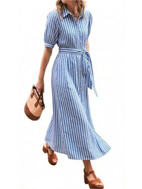 Striped Cotton Linen Midi Shirt Dress Puff Short Sleeve Button Front with Belt